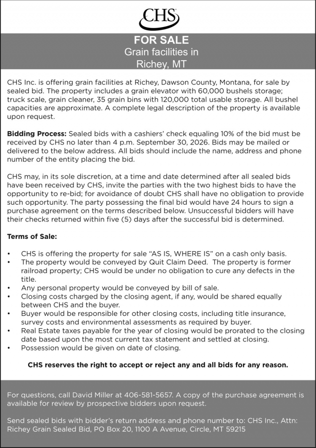 Submit Your Bid Today, CHS Farmers Elevator, Miles City, MT