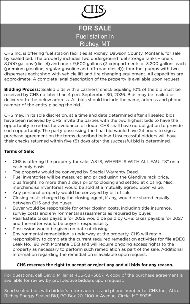 Submit Your Bid Today , CHS Farmers Elevator, Miles City, MT