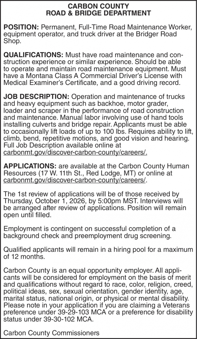 Road Maintenance Worker, Carbon County