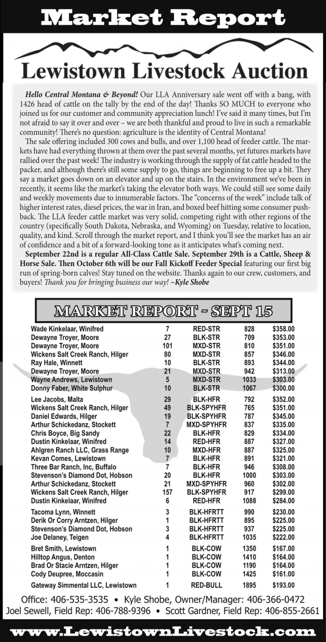 Mark Your Sale Dates Now, Lewistown Livestock Auction, Lewistown, MT