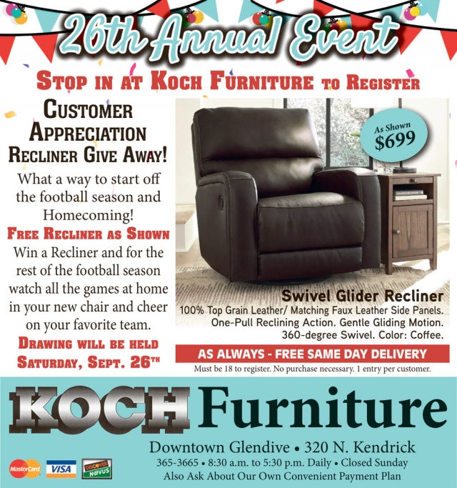 Win a Free Leather Recliner, Koch Furniture, Glendive, MT