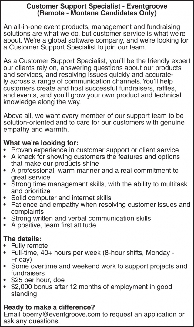 Customer Support Specialist, Eventgroove