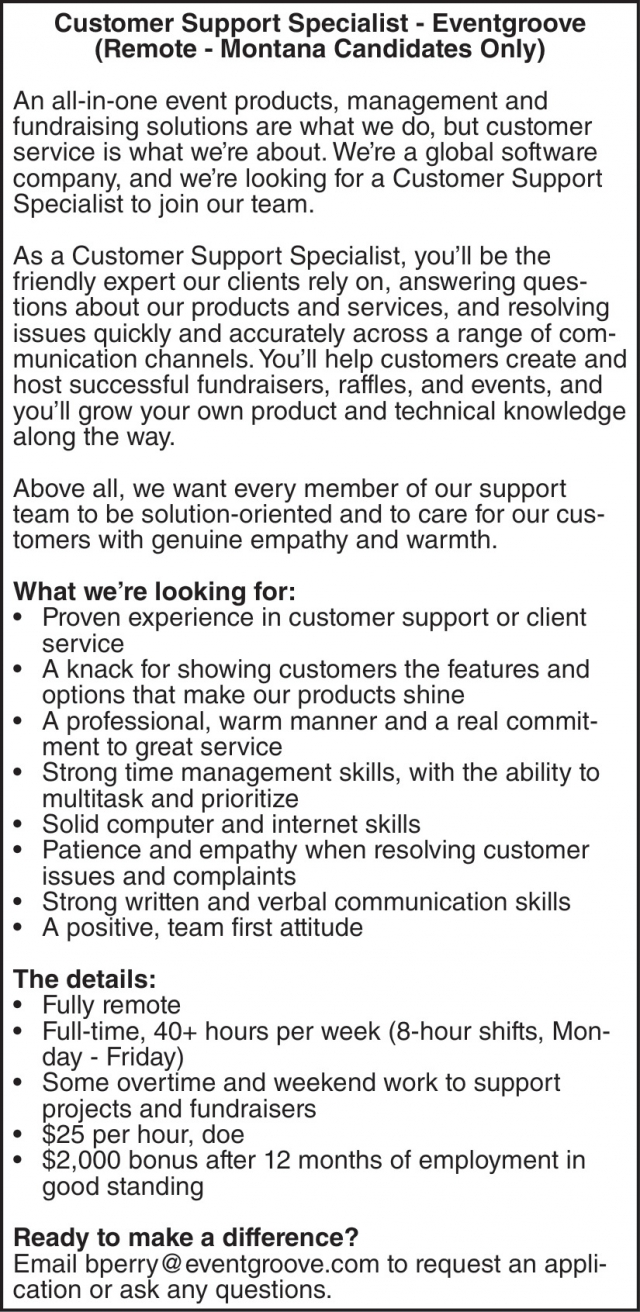 Customer Support Specialist , Eventgroove, Harlowton, MT