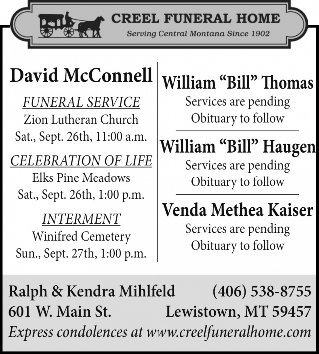 Funeral & Memorial Services, Creel Funeral Home, Lewistown, MT
