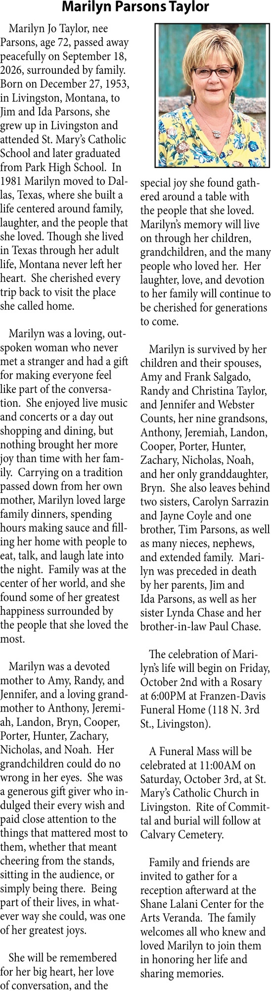 Celebration of Life, Marilyn Parsons Taylor