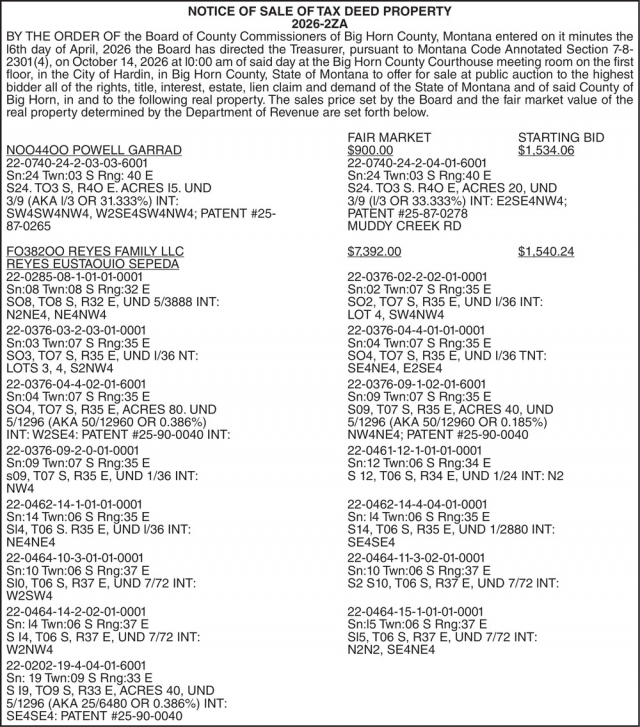 Public Land Auction Notice, Big Horn County, Hardin, MT