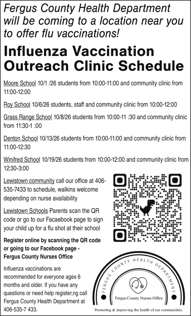 Book a Flu Vaccination, Fergus County Health Department Nurses Office, Lewistown, MT