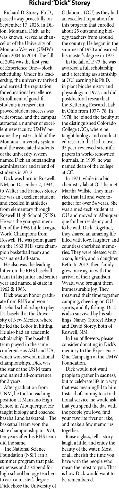 In Loving Memory, Richard "Dick" Storey