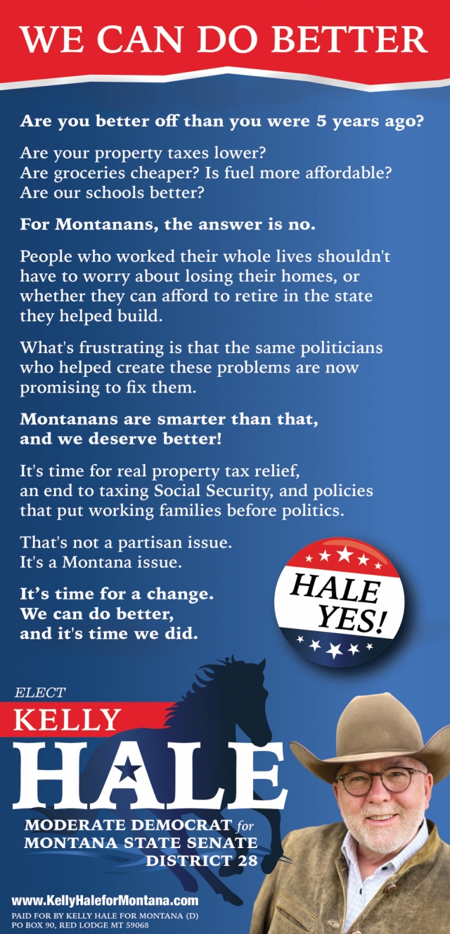 Vote Hale For State Senate, Kelly Hale, Red Lodge, MT