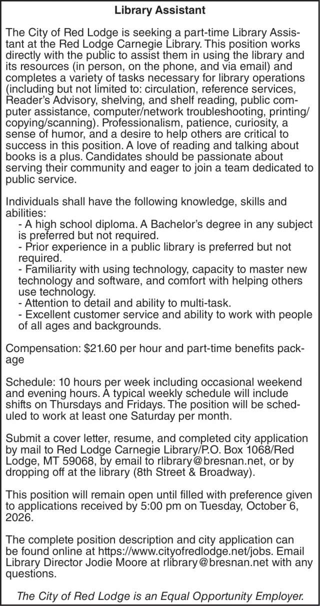 Library Assistant, City of Red Lodge, Red Lodge, MT