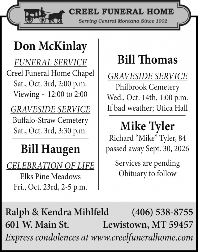 Funeral & Memorial Services, Creel Funeral Home, Lewistown, MT