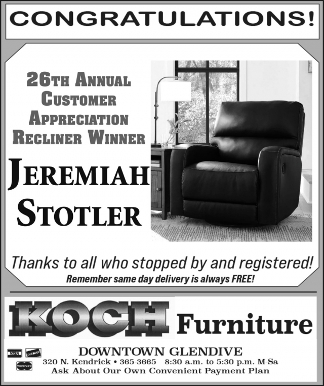 Congratulations To The Winner!, Koch Furniture, Glendive, MT