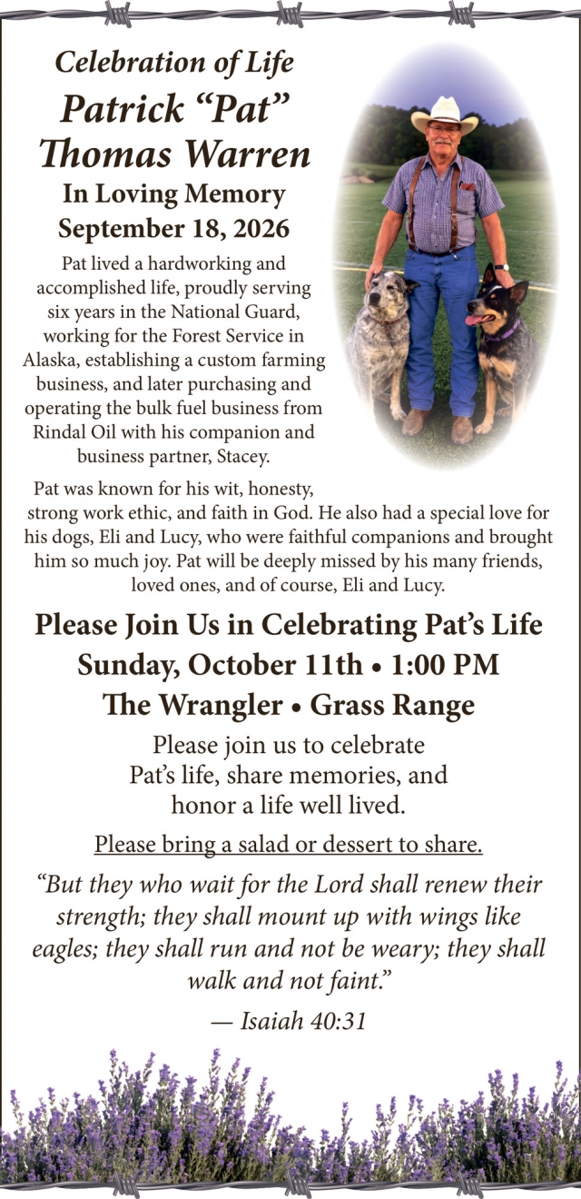 Celebration of Life, Patrick "Pat" Thomas Warren