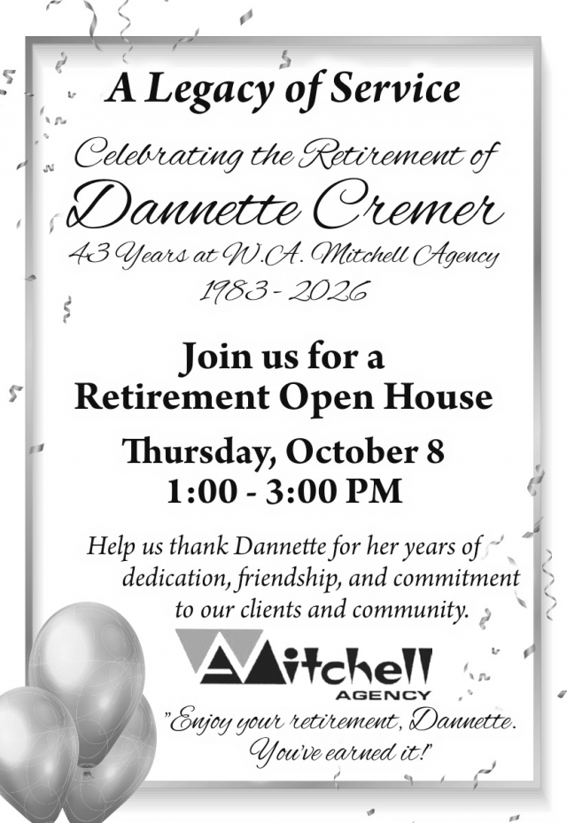 Celebrating 43 Years of Service, Retirement Open House - Oct. 8, 2026