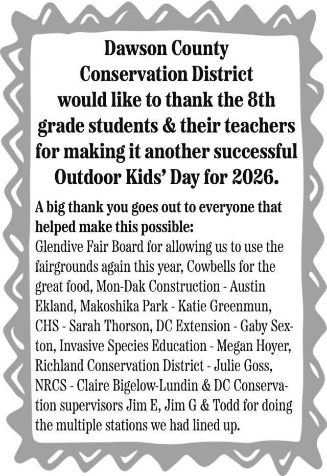 Thank You, Outdoor Helpers, Dawson County Conservation District