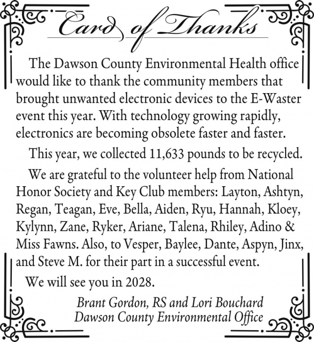 Thank You, E-Waste Volunteers, Dawson County Environmental Health, Glendive, MT
