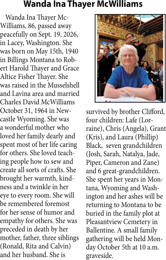 In Loving Memory, Wanda Ina Thayer McWilliams