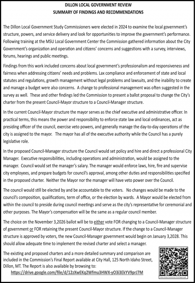 Read the Gov. Study Report, City of Dillon, Dillon, MT