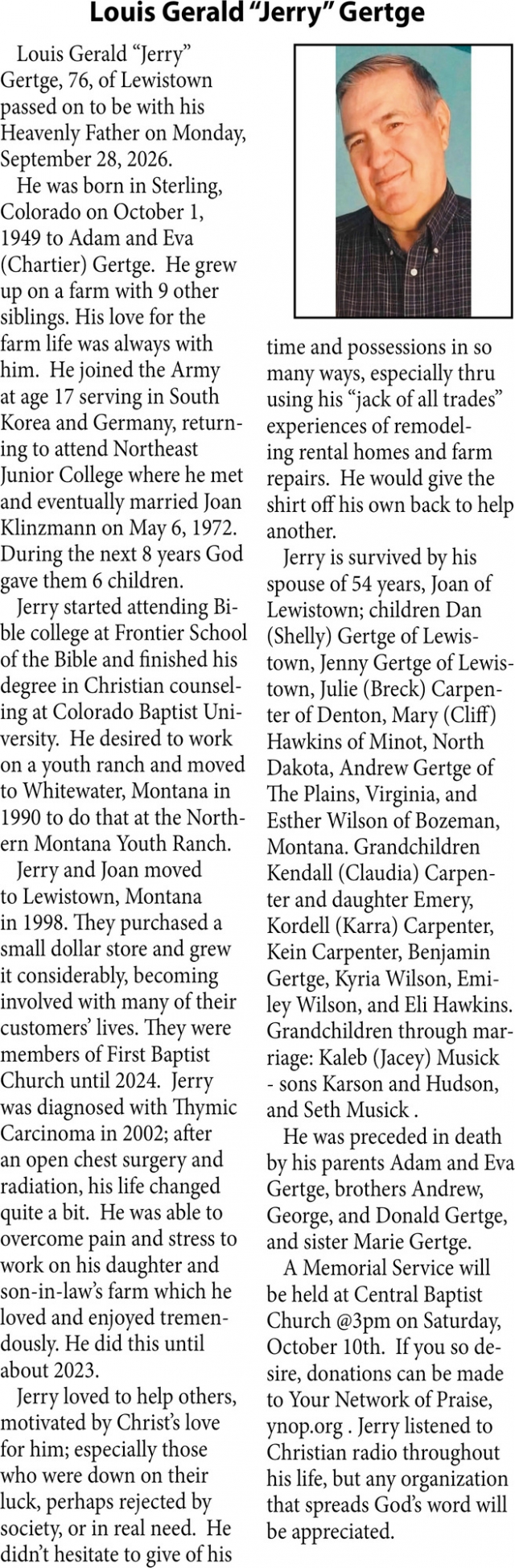 Celebration of Life, Louis Gerald Gertge