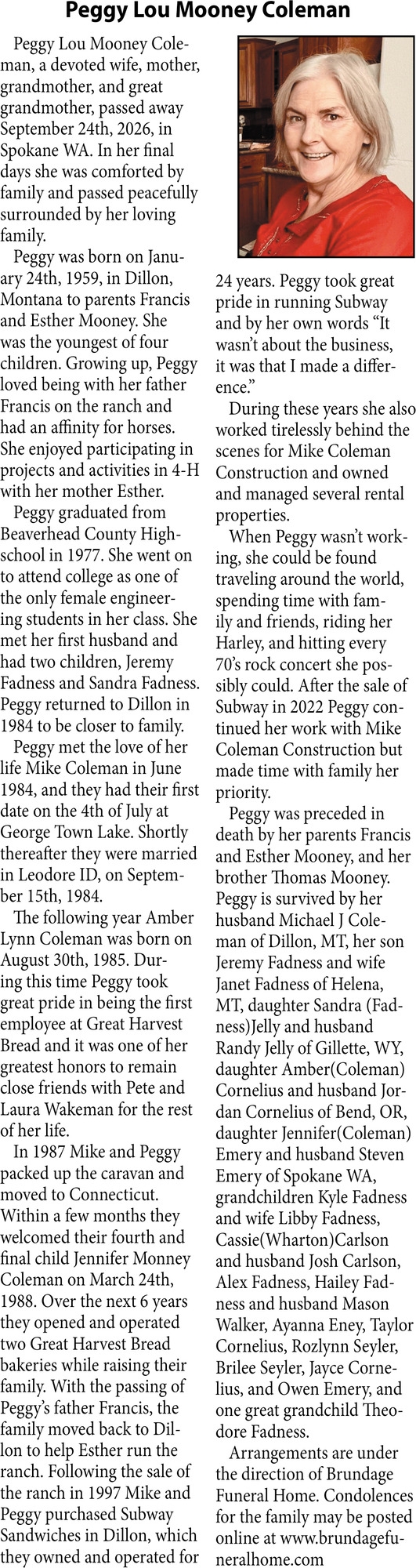 Celebration of Life, Peggy Lou Mooney Coleman