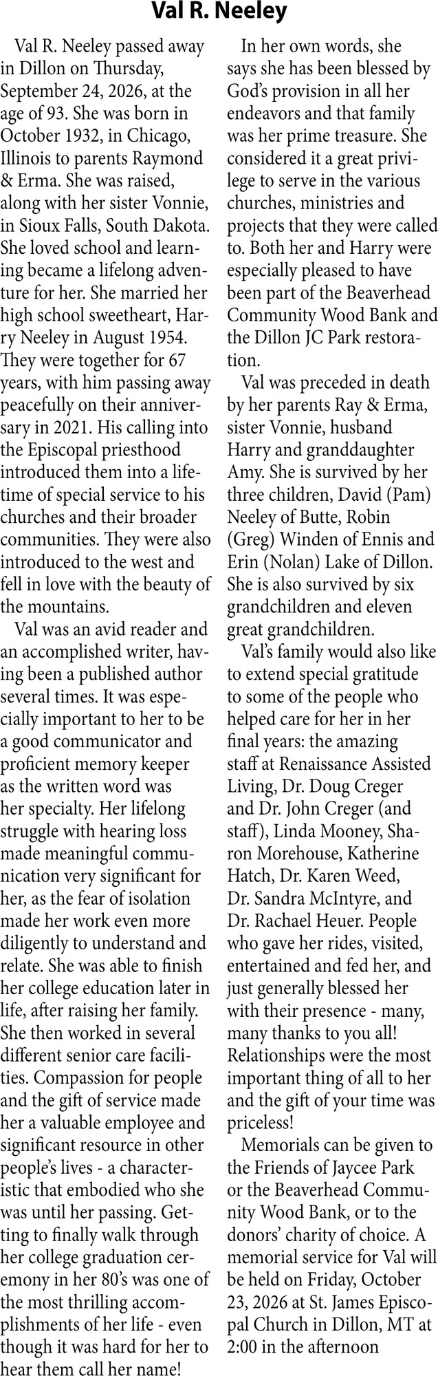 In Loving Memory, Val R. Neeley