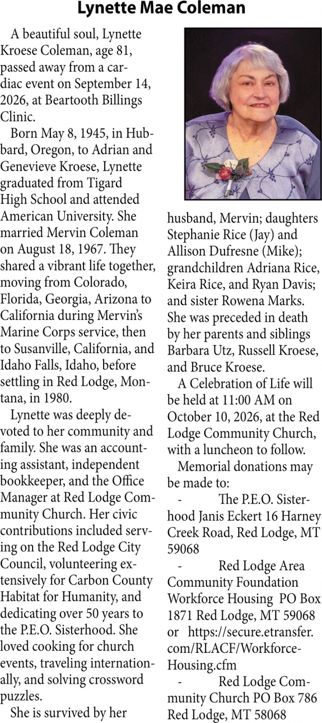 Celebration of Life, Lynette Mae Coleman