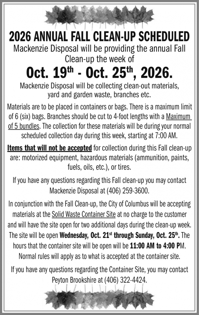 2026 Annual Fall Clean-Up Scheduled, City of Columbus, Columbus, MT