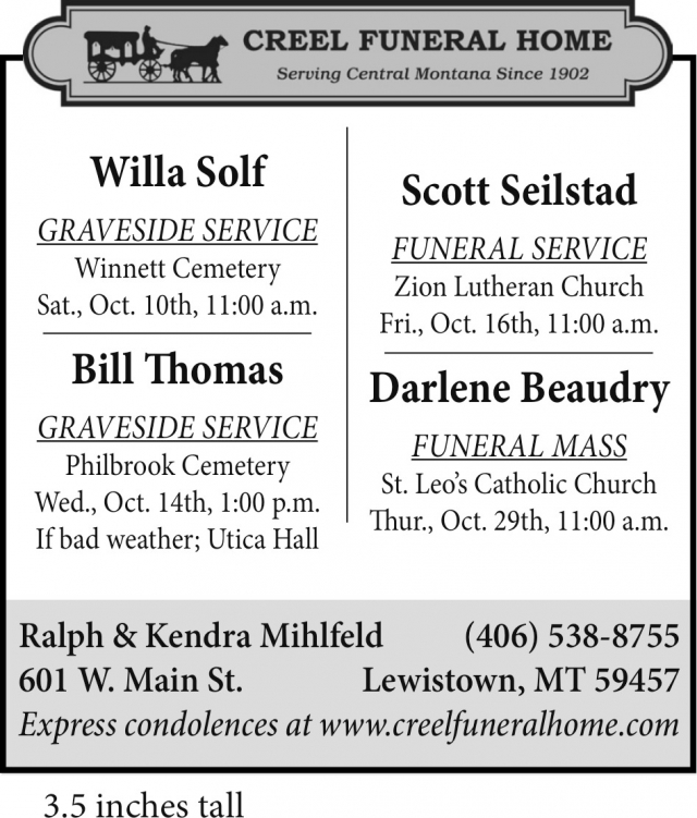 Funeral & Memorial Services, Creel Funeral Home, Lewistown, MT