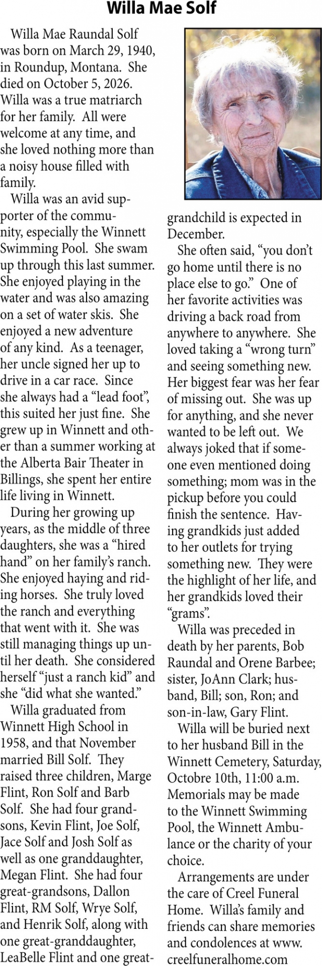 Celebration of Life, Willa Mae Solf