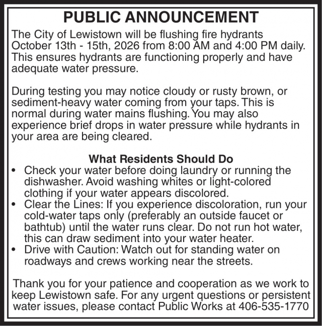 Public Announcement, City of Lewistown Public Works