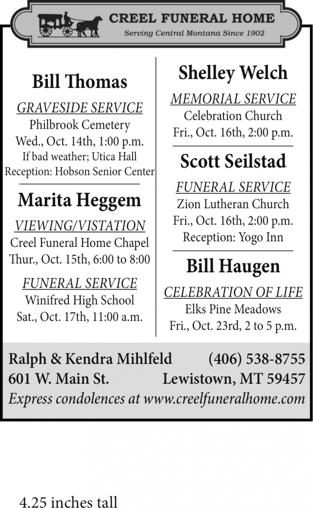 Funeral & Memorial Services, Creel Funeral Home, Lewistown, MT