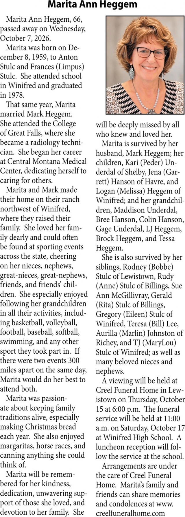 In Loving Memory, Marita Ann Heggem