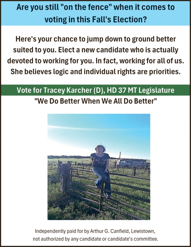 Vote for a Fresh Voice, Tracey Miller Karcher, Hilger, MT