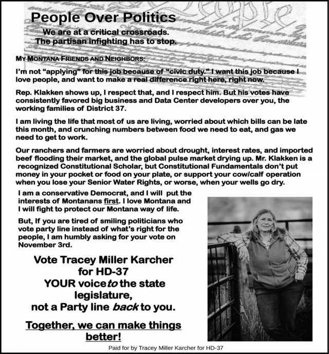People Over Politics, Tracey Miller Karcher, Hilger, MT