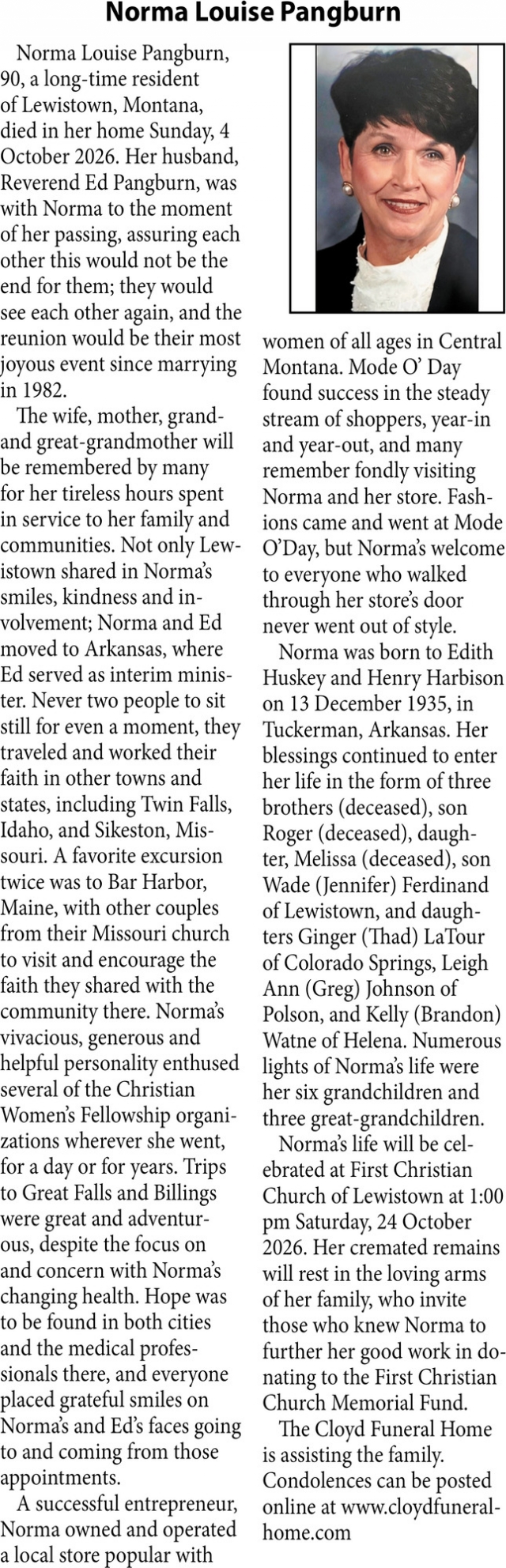 In Loving Memory, Norma Louise Pangburn