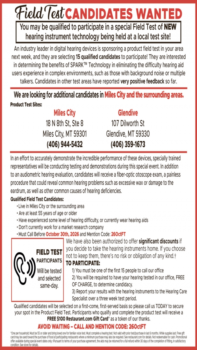 Test New Hearing Technology, 406-944-5432 / 406-359-1673, Glendive, MT