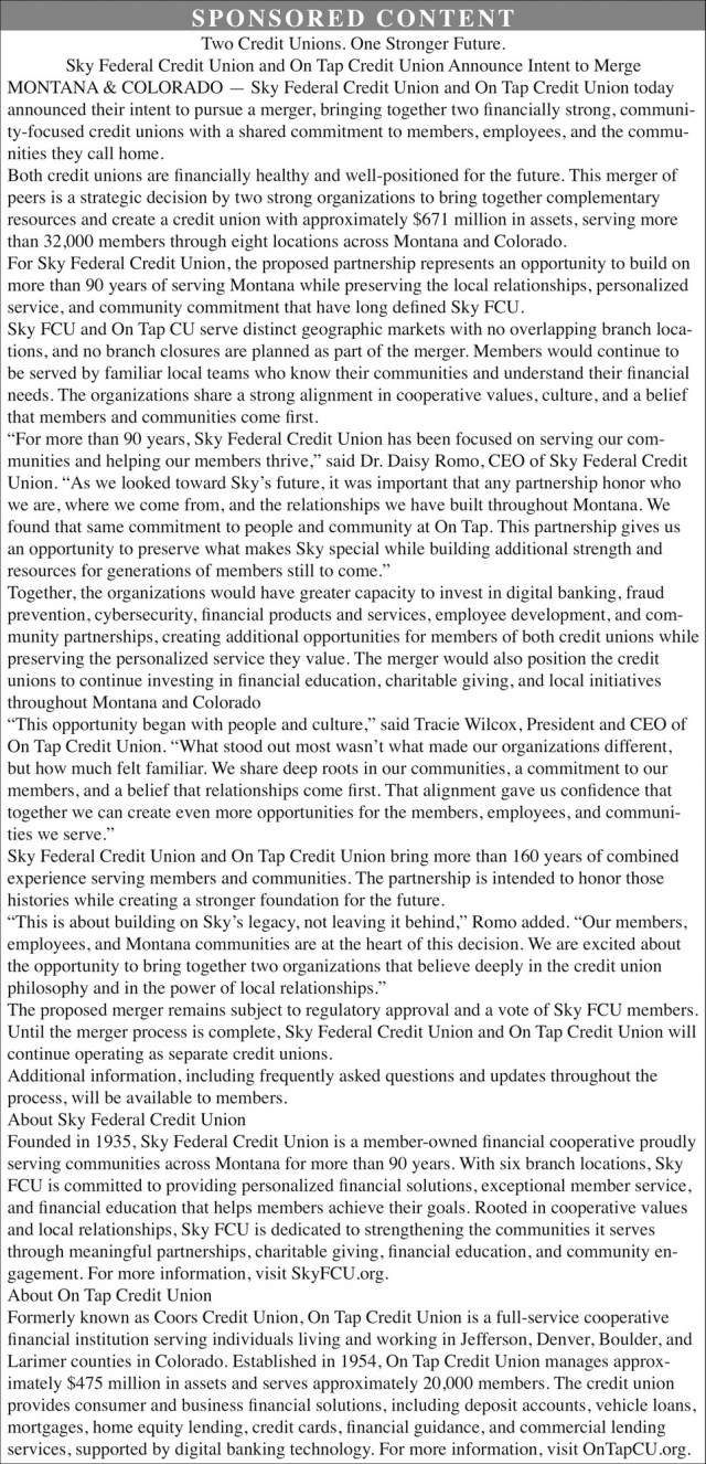 A Proposed Credit Union Merger, Sky Federal Credit Union , Livingston, MT