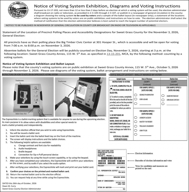 Noticeof Voting System Exhibition, Sweet Grass County Election Administration, Big Timber, MT