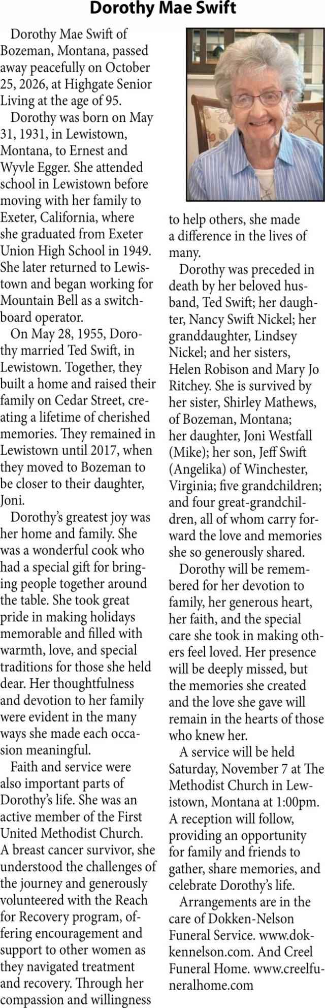 Celebration of Life, Dorothy Mae Swift