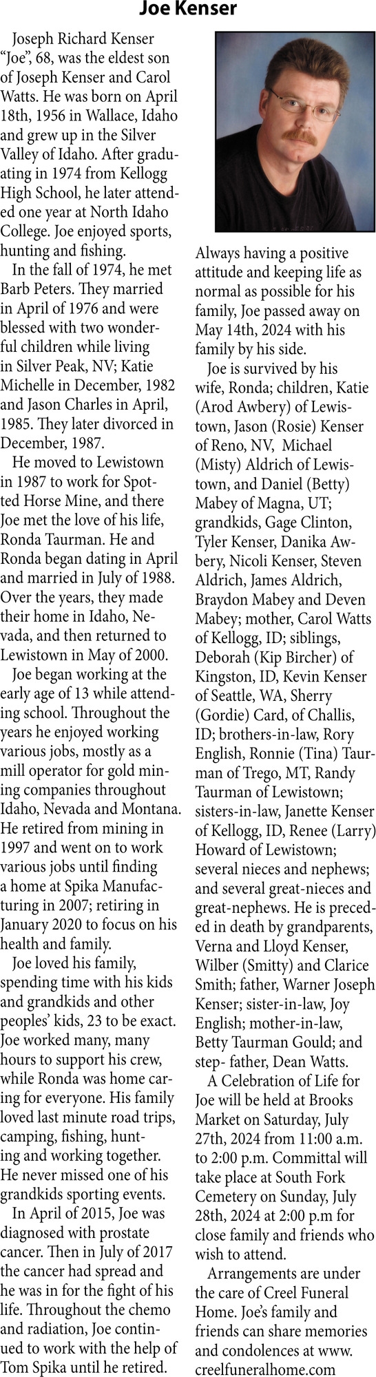 Joe Kenser, Obituaries, Glendive, MT