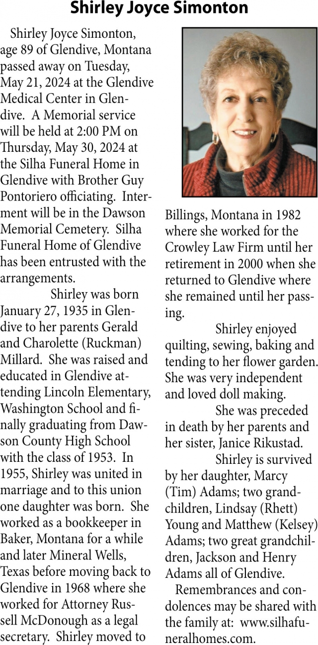 Shirley Joyce Simonton, Obituaries, Glendive, MT