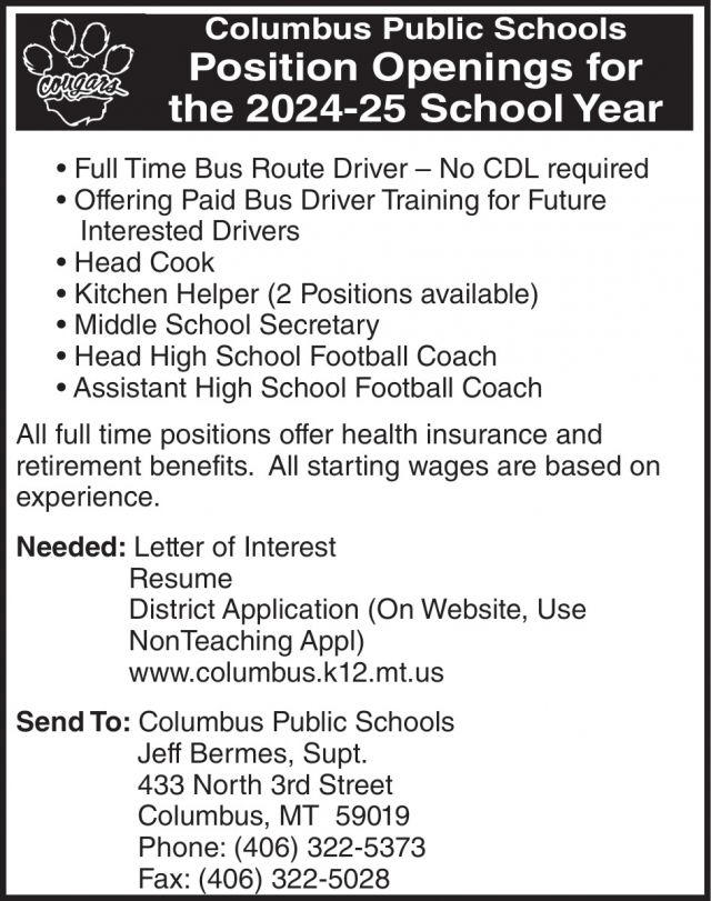 Position Openings for 2024-2025 School Year, Columbus Public Schools, Columbus, MT