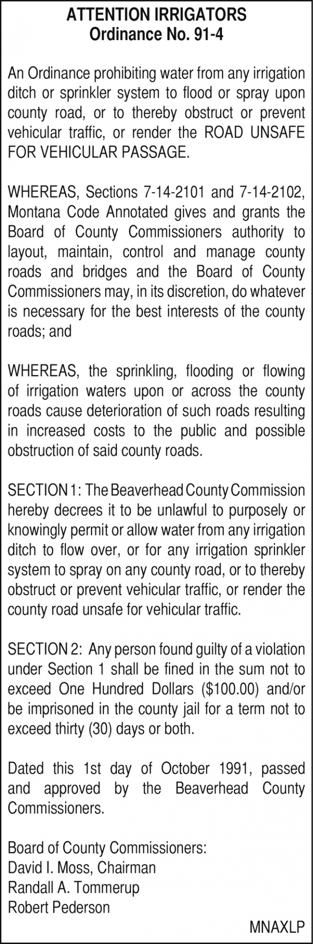 Attention Irrigators, Beaverhead County