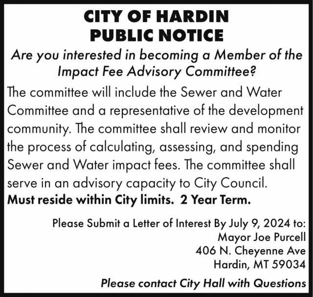 Public Notice, City of Hardin, Hardin, MT