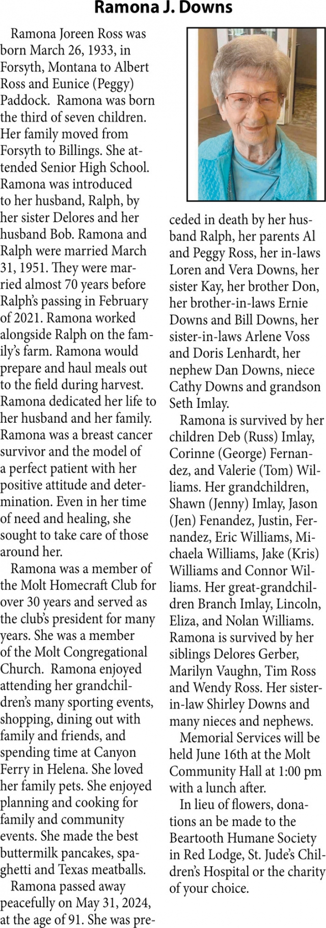 Ramona J. Downs, Obituaries, Glendive, MT