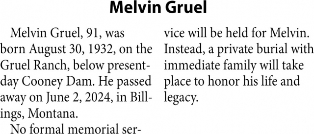 Melvin Gruel, Obituaries, Glendive, MT