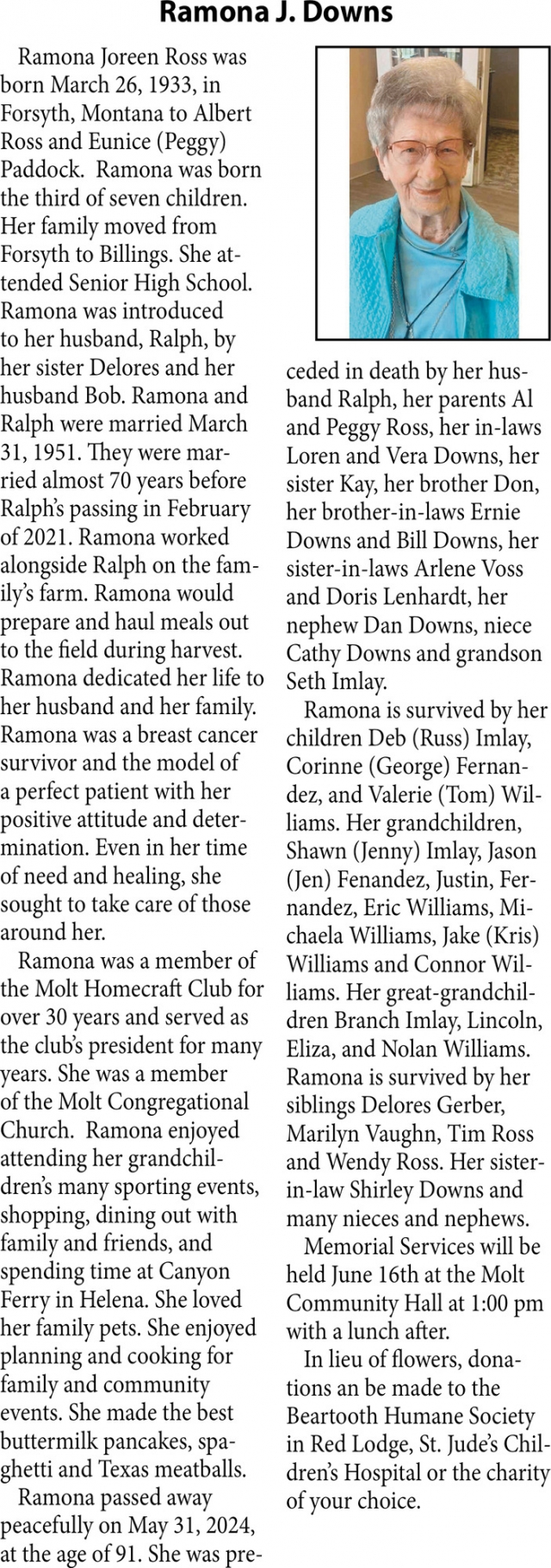 Remona J. Downs, Obituaries, Glendive, MT