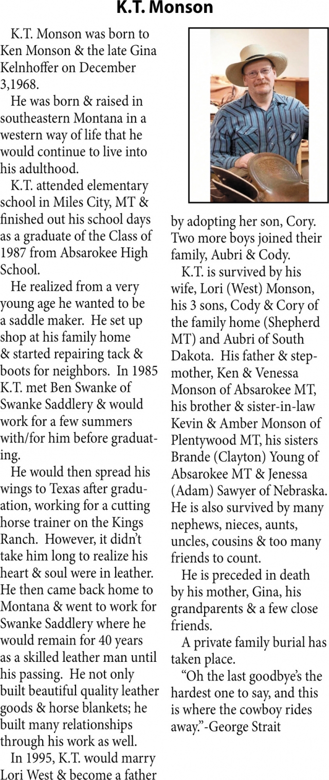 K.T. Monson, Obituaries, Glendive, MT