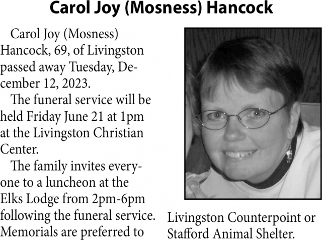 Carlo Joy (Mosness) Hancock, Obituaries, Glendive, MT