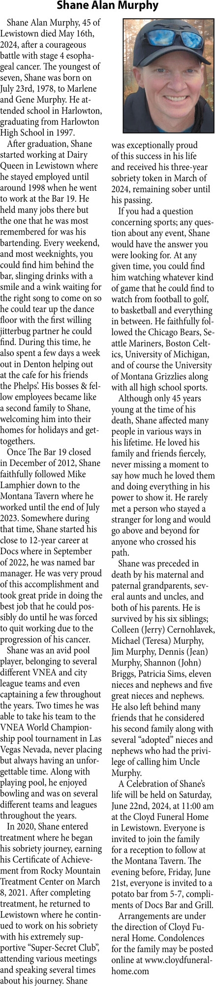Shane Alan Murphy, Obituaries, Glendive, MT